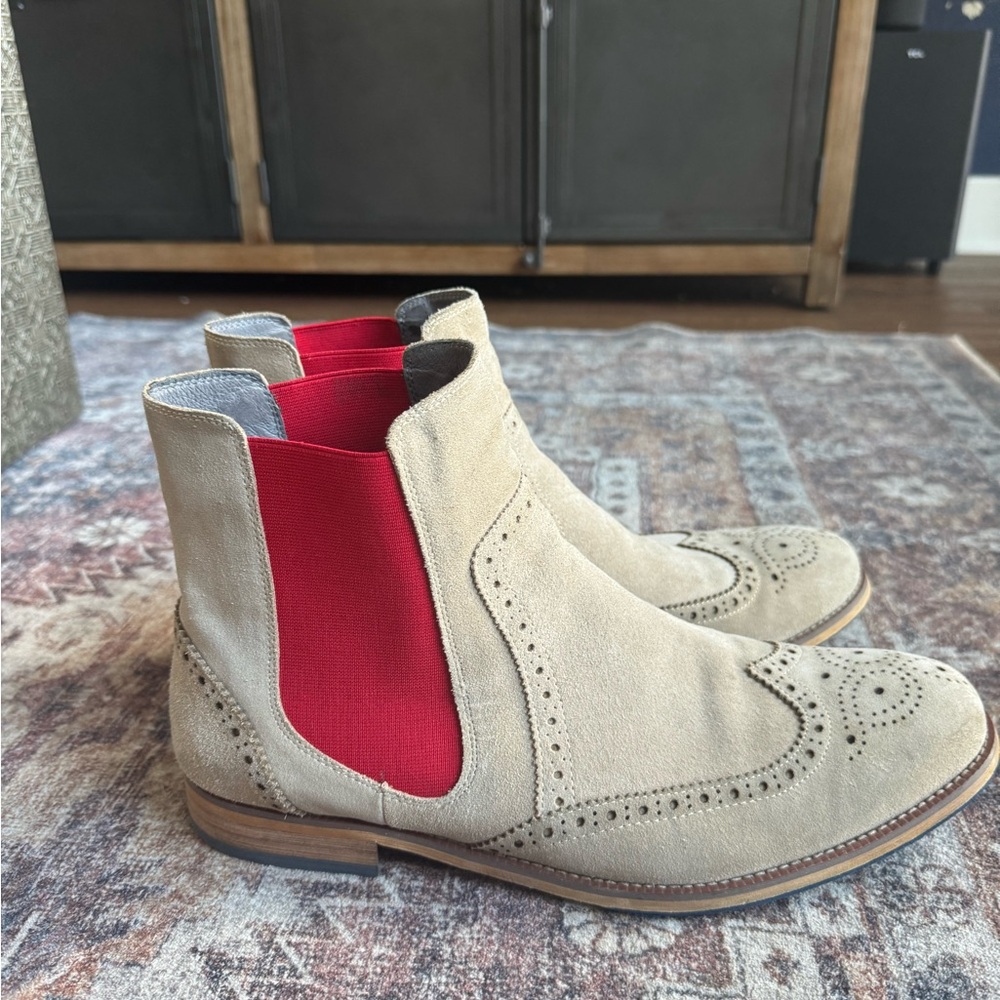 Tan and Red Chelsea Boots with Brogue Detailing